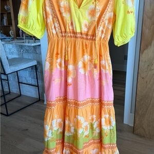 Farm Rio x Anthropologie Floral Yellow and Orange Dress-size S